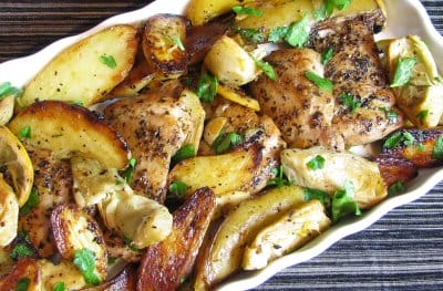 Roast Chicken Thighs with Potatoes, Artichokes and Lemon For the Love
of Cooking