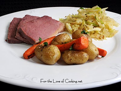 Boiled Corned Beef, Sautéed Cabbage & Onions, and Roasted Carrots & Potatoes