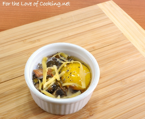 Baked Egg with Ham, Caramelized Onions & Mushrooms, and Sharp Cheddar
