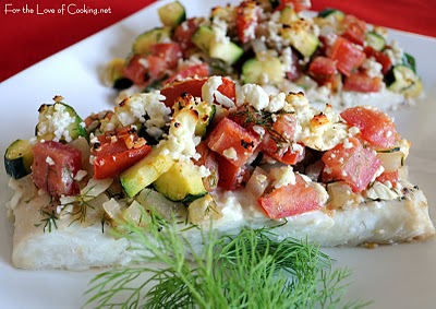 Baked Halibut topped with Zucchini, Tomato, Dill, and Feta