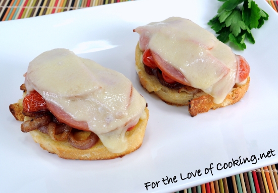 Ham, Swiss, Caramelized Onion, and Sautéed Tomato Open Faced Sandwich