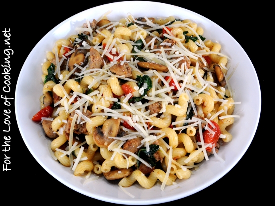 Cavatappi Pasta with Turkey Italian Sausage, Mushrooms, Tomatoes, and Kale