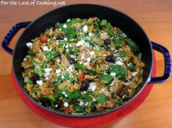 chicken, orzo, and spinach skillet with kalamata olives, tomatoes, and basil