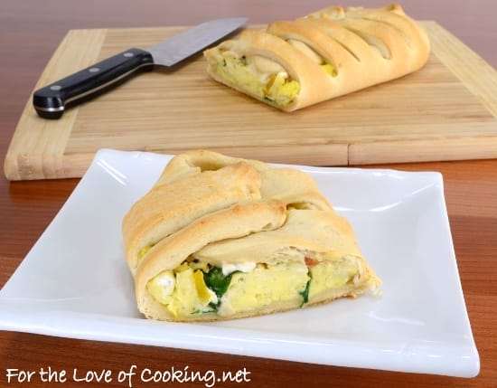 breakfast braid with eggs, roasted pepper, spinach, and feta