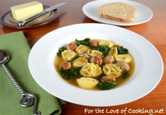 Cheese Tortellini Soup with Turkey Italian Sausage and Kale