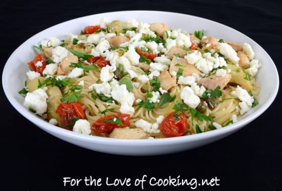 Angel Hair Pasta with Chicken, Artichoke Hearts, Tomatoes, Capers, Feta, and Lemon