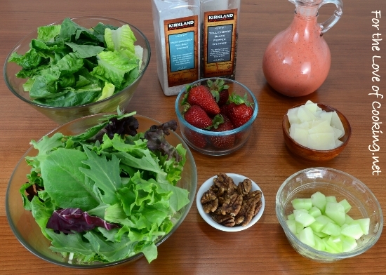 Mixed Greens with Strawberries, Extra Sharp White Cheddar, and Candied Pecans with a Strawberry Balsamic Vinaigrette