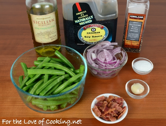 Soy and Garlic Green Beans with Bacon and Caramelized Red Onions
