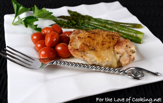Simple Chicken Thighs with Roasted Asparagus and Tomatoes...A one pot meal!