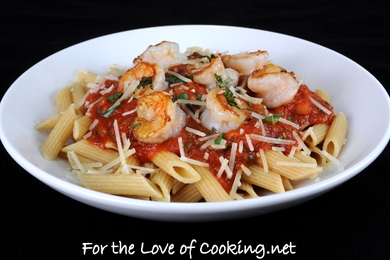 Garlic Basil Shrimp with Penne in a Spicy Basil Marinara