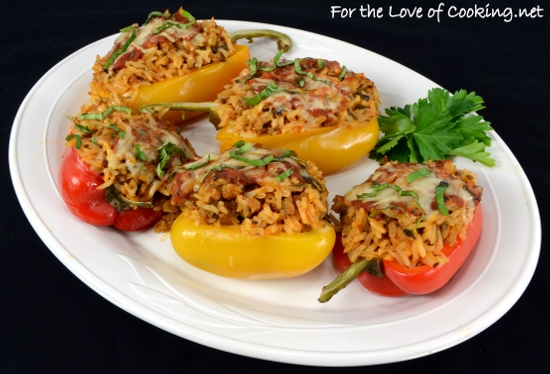 Stuffed Bell Peppers with Chicken Italian Sausage, Rice, and Spinach