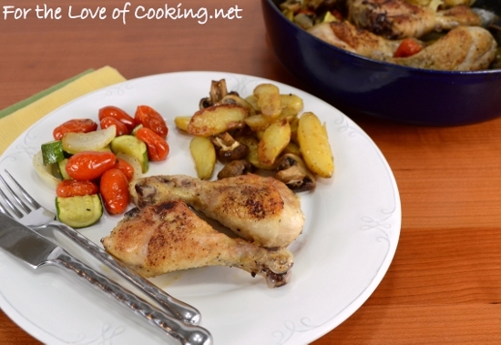 One Pot Meal ~ Roasted Drumsticks with Fingerling Potatoes, Mushrooms, Tomatoes, and Zucchini