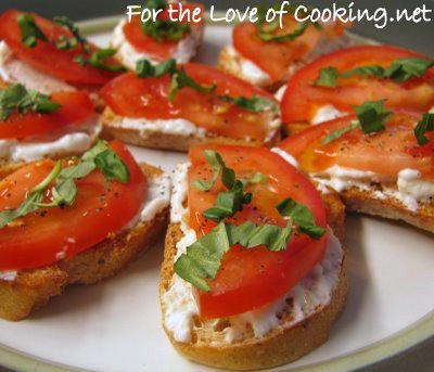Tomato and Fresh Basil Crostini with Feta and Roasted Garlic Cheese Spread
