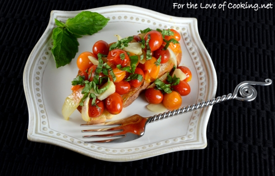 Roasted Grape Tomatoes, Onions, and Garlic on Toast with Fresh Basil