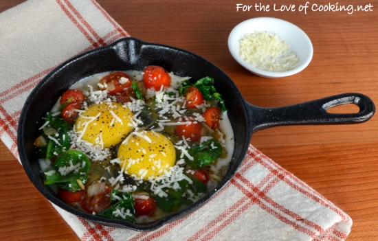 Baked Eggs with Sautéed Onions, Tomatoes, and Spinach