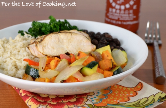 Rice Bowl with Spicy Chicken, Roasted Sweet Potatoes & Vegetables, Black Beans, and Kale