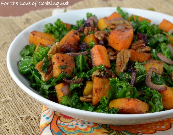 Kale Sauté with Roasted Butternut Squash, Dried Cranberries, and Pecans