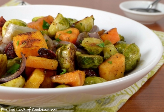 roasted brussels sprouts and butternut squash with dried cranberries