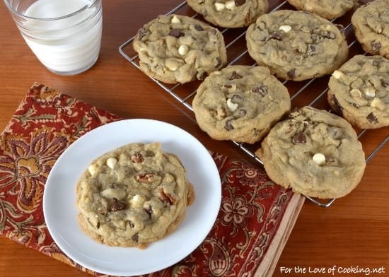 Thick and Chewy Black and White Chocolate Chip Cookies with Pecans