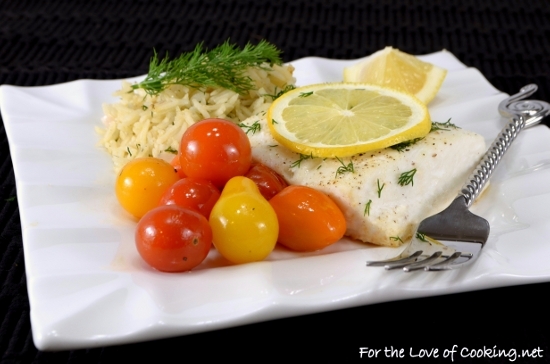 Roasted Halibut with Tomatoes, Lemon, and Dill
