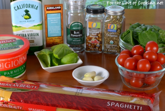 Spaghetti with Cherry Tomatoes, Spinach, Basil, and Parmesan 