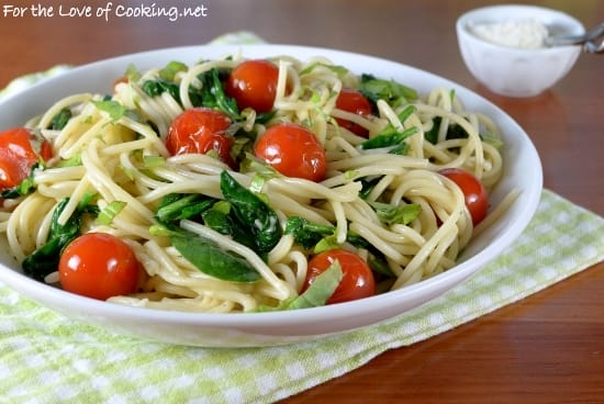 Spaghetti with Cherry Tomatoes, Spinach, Basil, and Parmesan 
