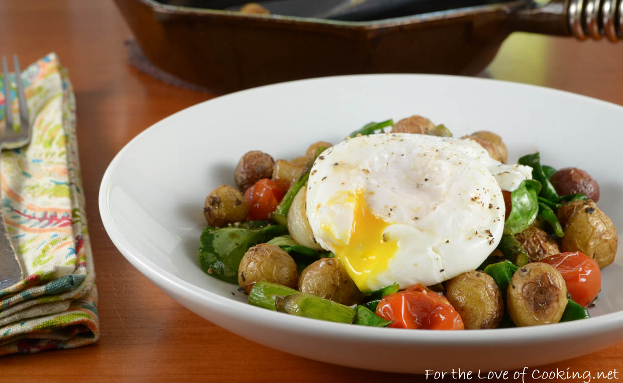 Roasted Veggie and Baby Potato Hash with a Poached Egg