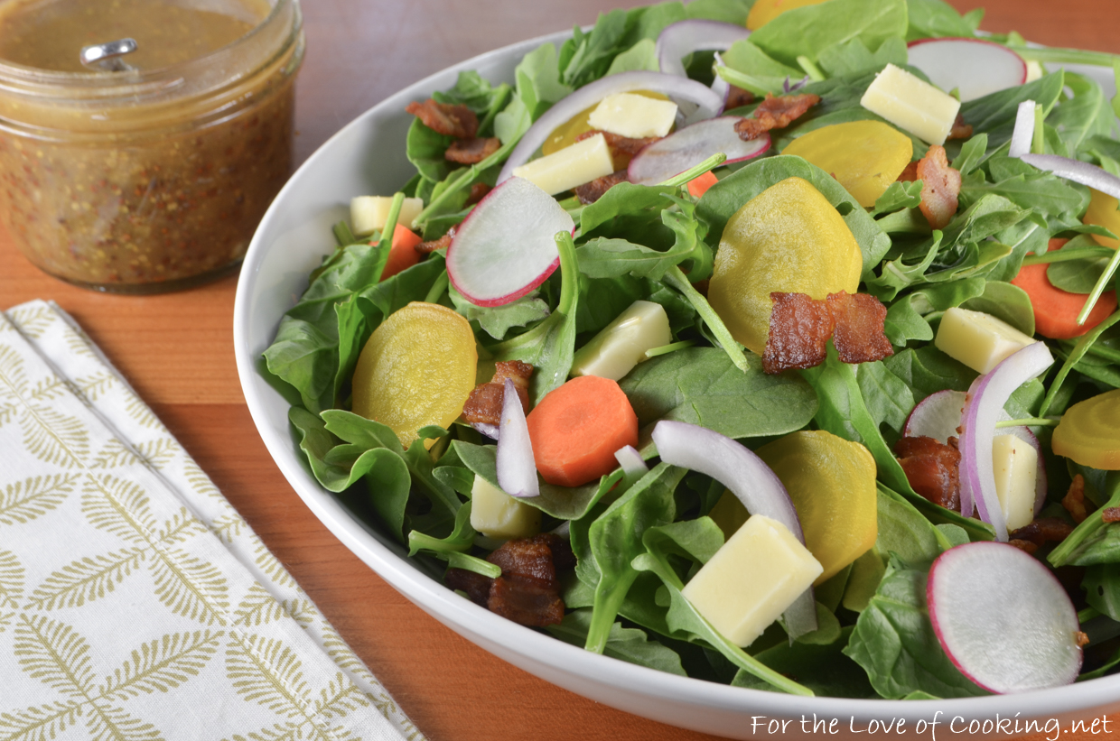 Irish Root Salad with Spinach, Sharp White Cheddar, and Bacon-Mustard Vinaigrette