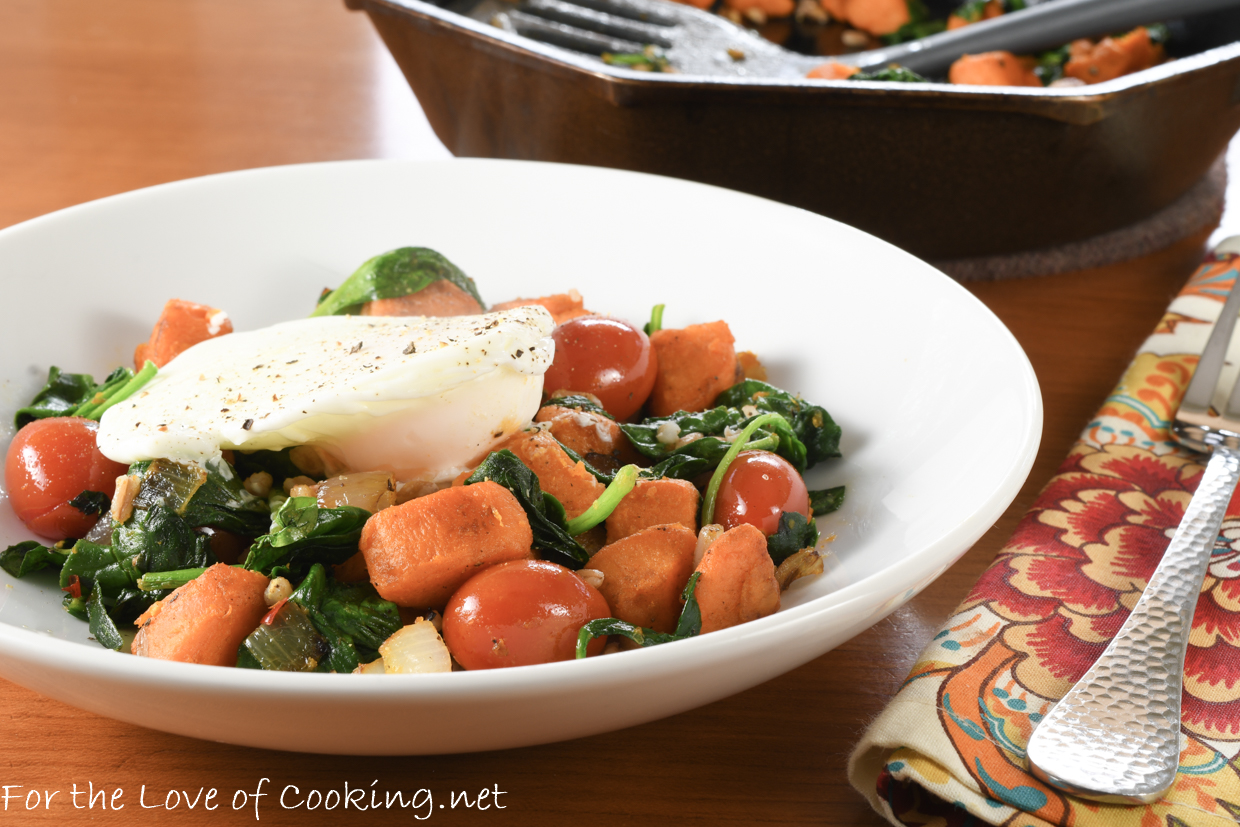 Sweet Potato, Spinach, Farro and Poached Egg Breakfast Bowl