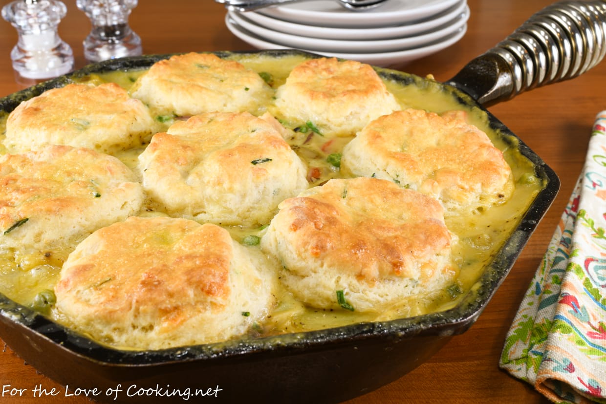 Chicken and Mushroom Skillet Pot Pie with Cheddar Chive Biscuits