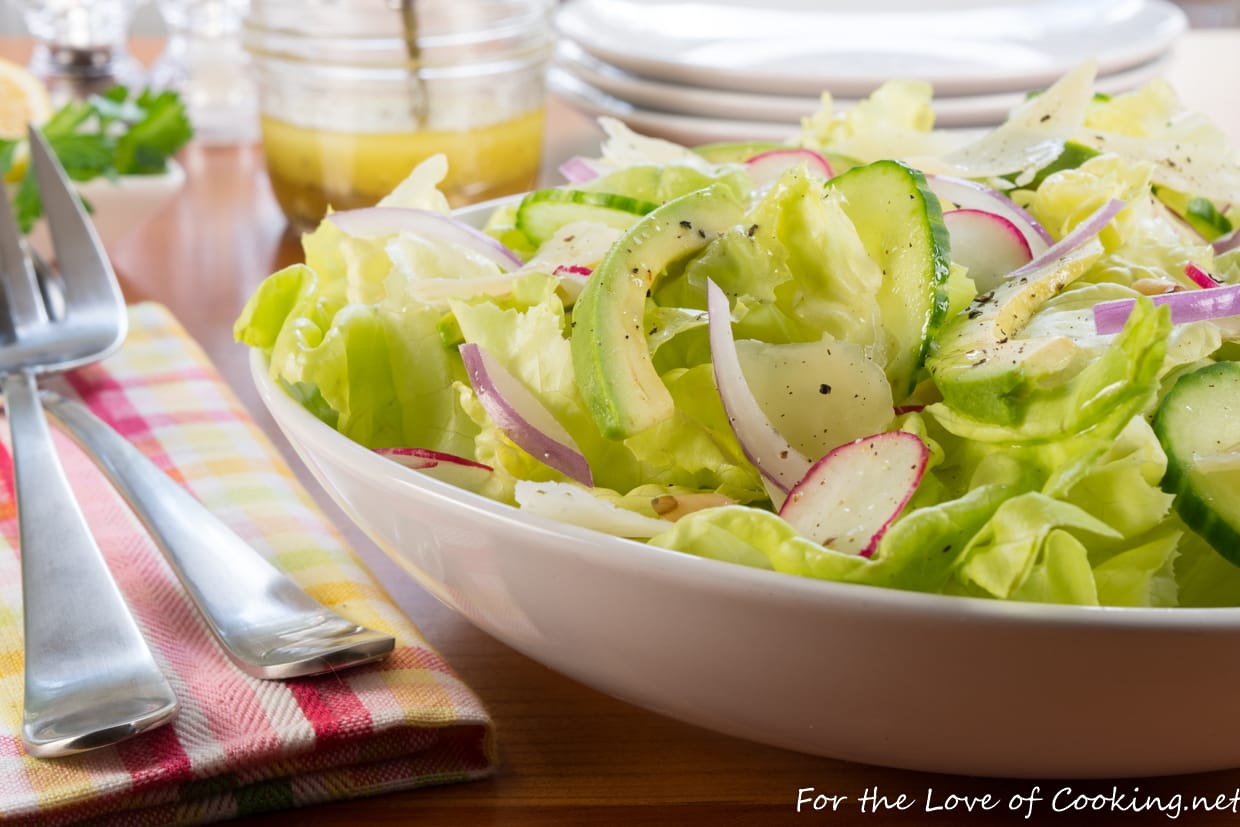 Butter Lettuce Salad with Avocado, Cucumber, and Pine nuts with a Lemon Vinaigrette