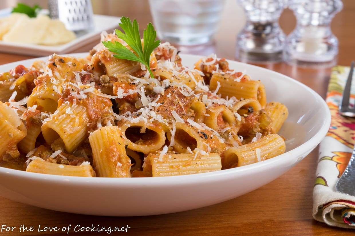 rigatoni with slow-simmered bolognese sauce