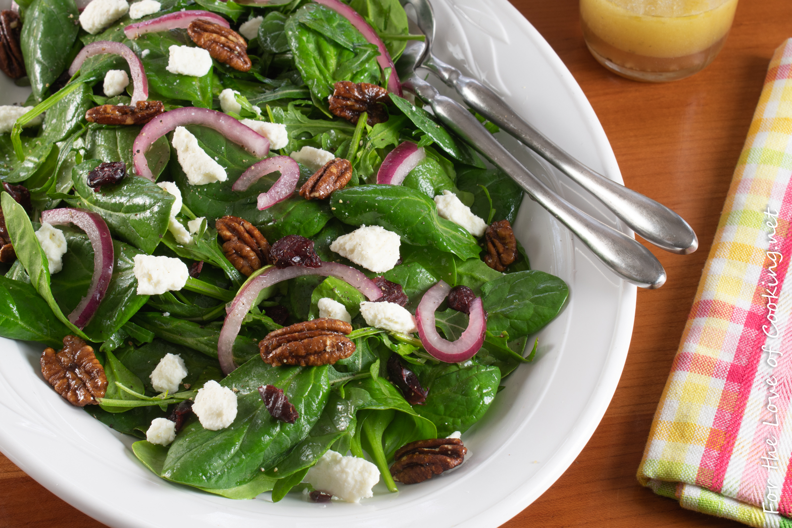 Spinach & Arugula Salad with Marinated Onion, Feta, Cranberry, and Candied Pecans